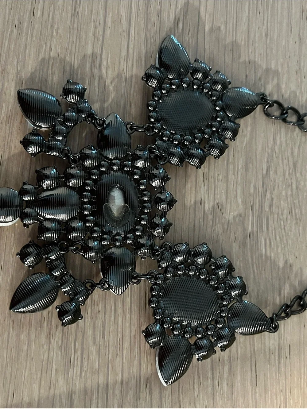 Clear Crystal Bib Necklace in Gunmetal Chain